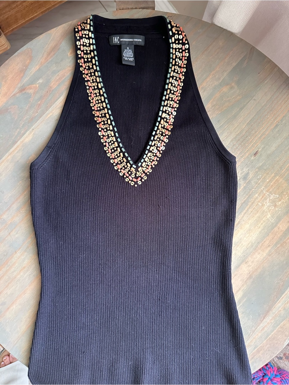 INC International Concepts Black Beaded Tank, 76% silk , S